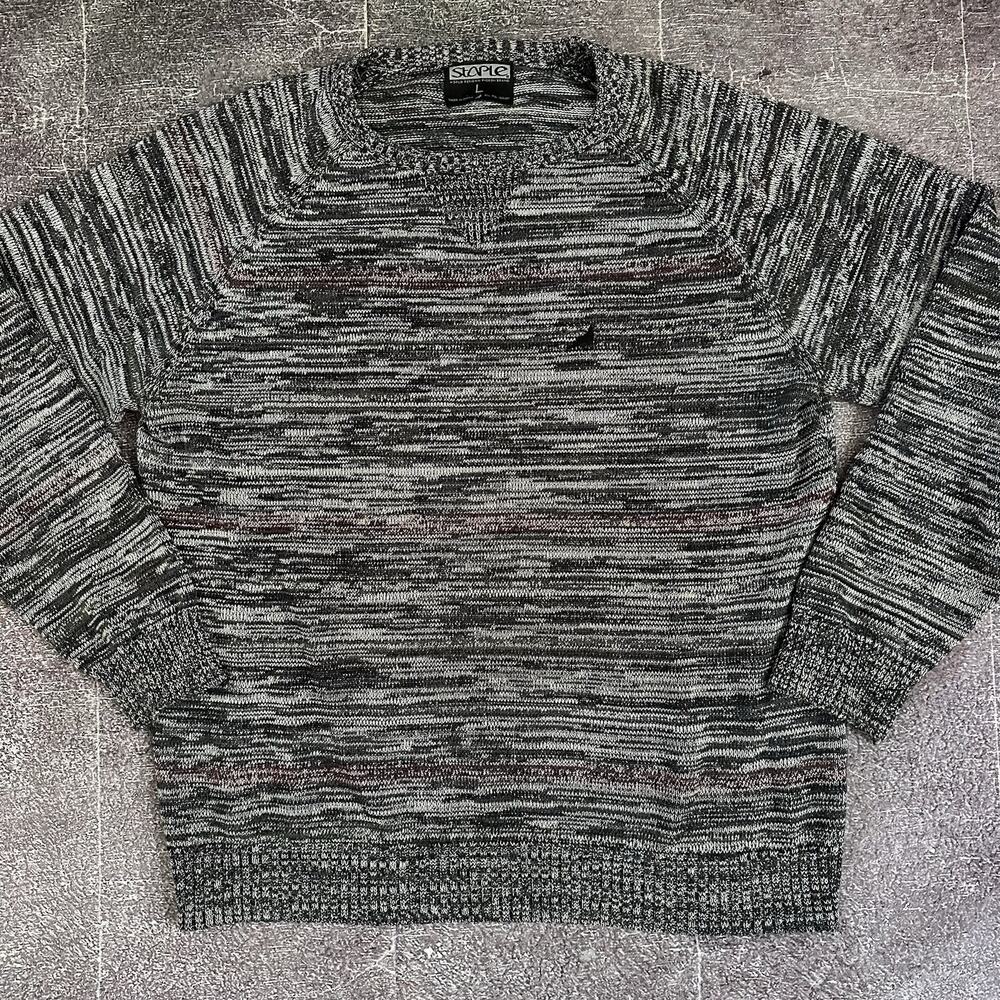 Men's Staple Pigeon Heather Black Gray Red Knit Crewneck Pullover Sweater Sz L